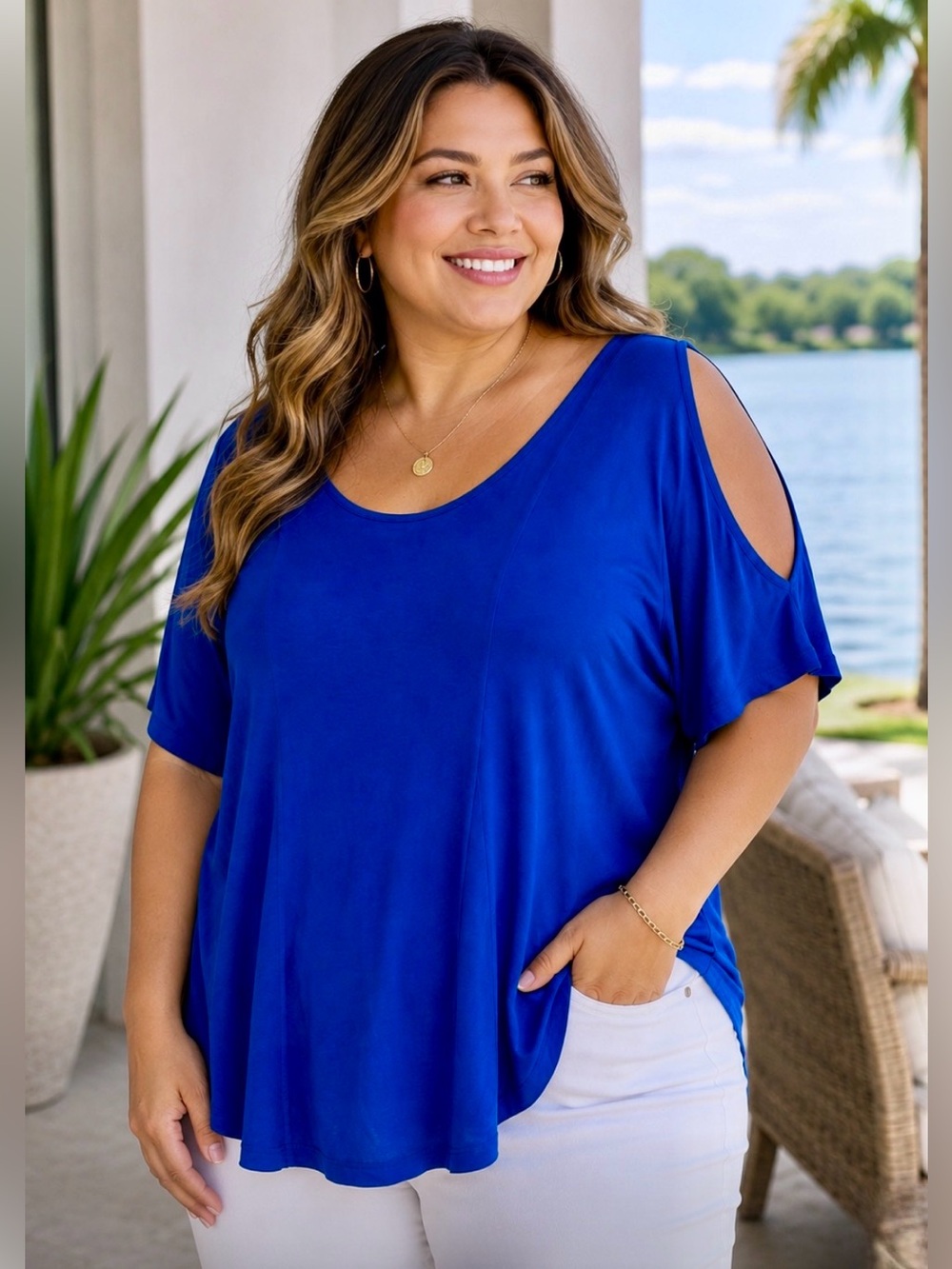 Sejour Cobalt Blue Cold Shoulder Short Sleeve Tunic Plus Size
